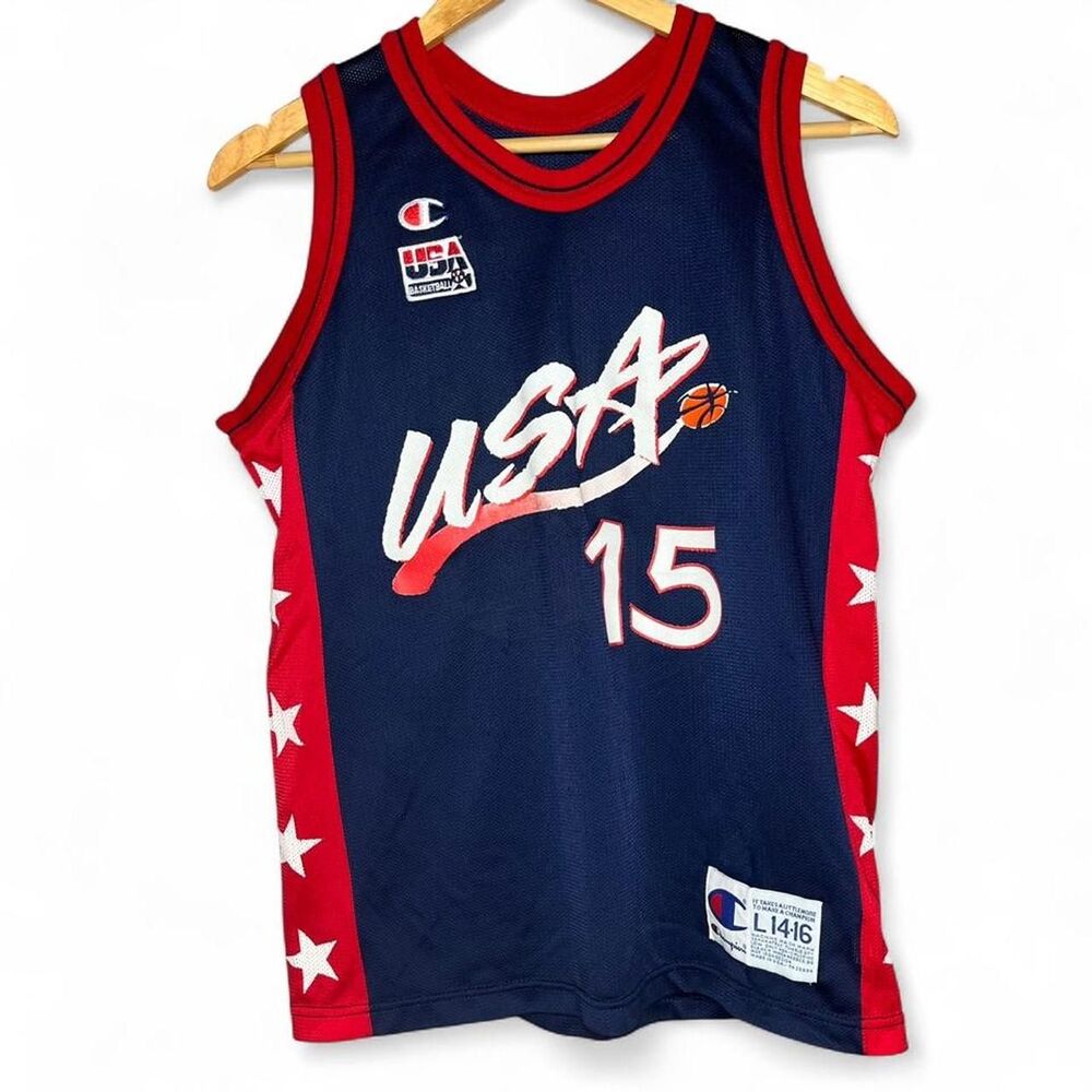 Vtg 90s Champion Olympics FIBA USA Dream Olajuwon Basketball Jersey Sz Kids L